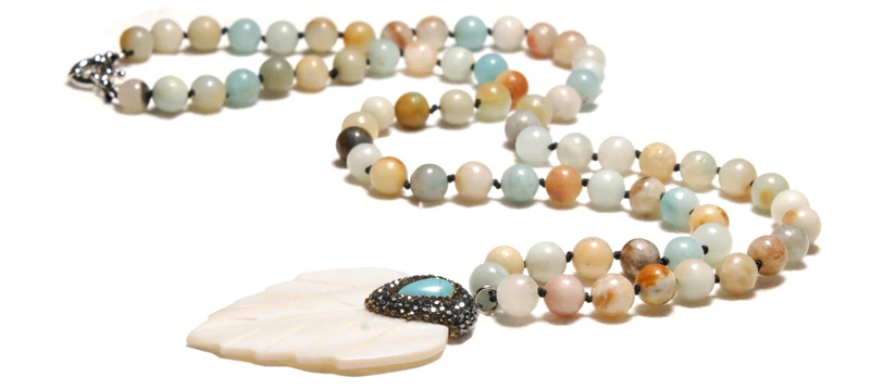 MOON GIRL 8MM Amazonite Stone Handmade Leaf Shape Necklaces Pendants Ethnic Unique Statement Vintage Necklace for Women Collares