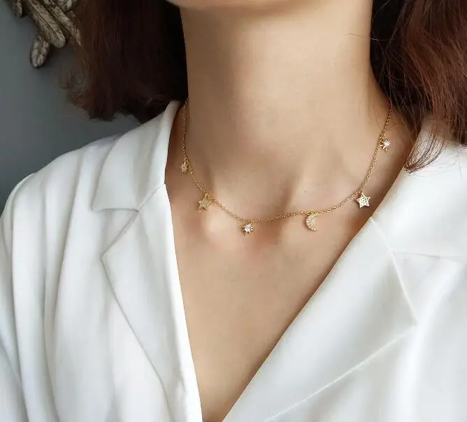 gold 1 шт. подлинный Серебряный Цирконий 925 пробы полумесяц и звезда кулон чокер станция эффектное ожерелье ювелирные украшения X116 - Цвет камня: gold