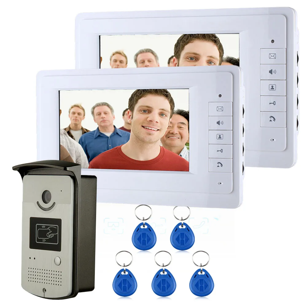 

FREE SHIPPING 7" Color Video Intercom Door Phone System With 1 White Monitors 2 RFID Card Reader HD Doorbell 1000TVL Camera