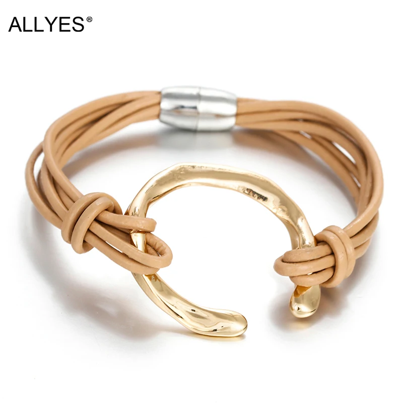 Женский многослойный браслет ALLYES из натуральной кожи с круглым металлическим