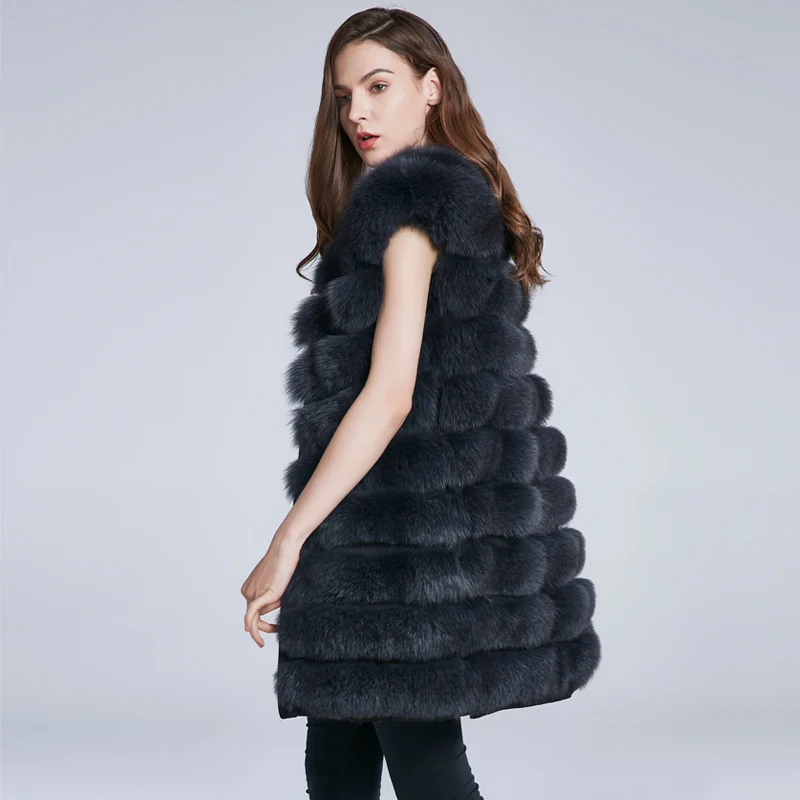 JKP Winter Women's Fox Fur Coat Medium Length Female Real Fur Sleeveless Vest Tilt Stripe Warmth Fashion New Clothes enlarge