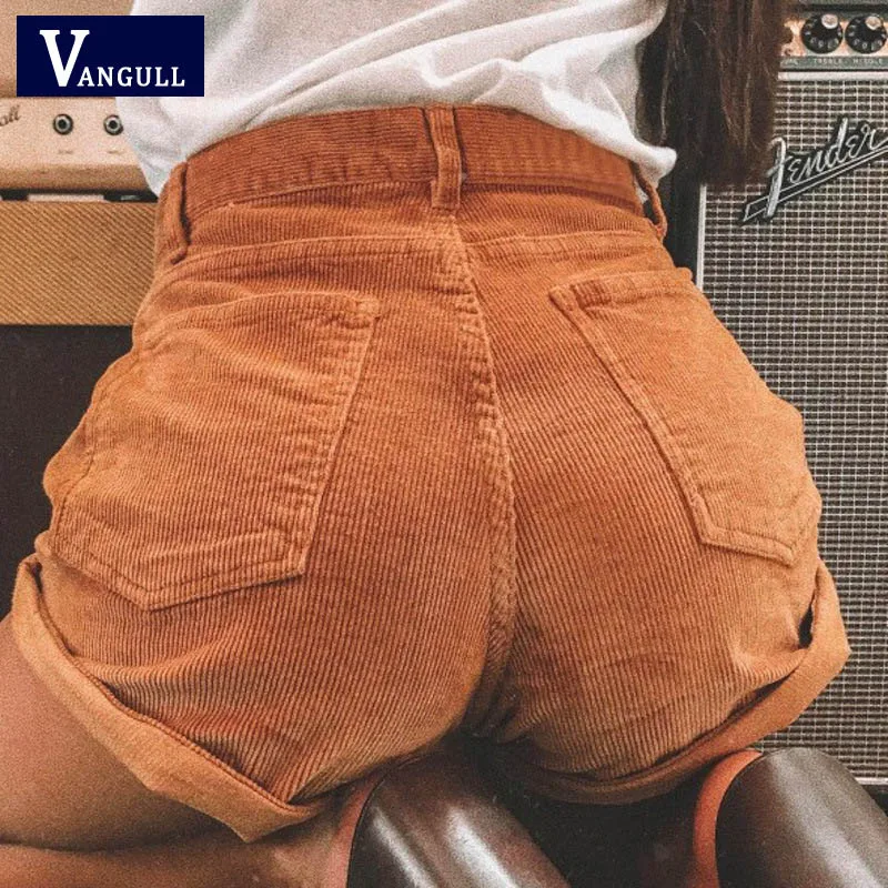 Vangull, эластичные вельветовые шорты с высокой талией, новые женские повседневные шорты в уличном стиле, женские свободные летние шорты на молнии и пуговицах