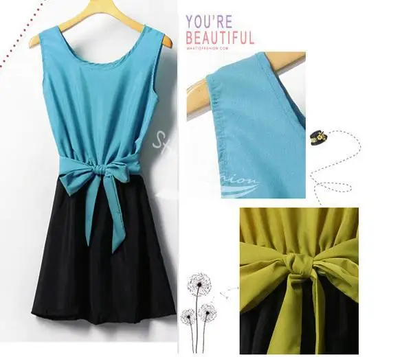 Women's Stylish Crew Neck Sleeveless Temperament snow spins have belt/dress/skirt /women's Chiffon dress free shipping 3804 | Женская