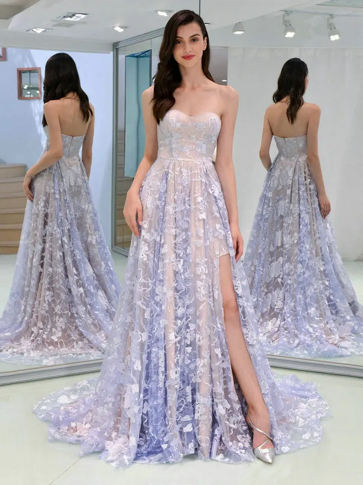 Light Lavender Сексуальный светильник, лавандовое кружево, Длинные вечерние платья, вечерние платья для женщин, недорогие Вечерние платья на молнии, ТРАПЕЦИЕВИДНОЕ вечернее платье для выпускного вечера - Цвет: Light Lavender