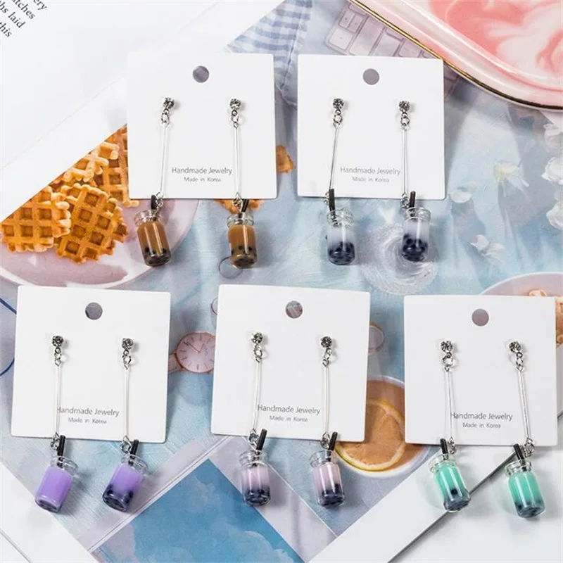 2019 Japanese Korean Harajuku style creative peraonality pearl milk tea long dangle glass earrings for women jewelry accessories | Украшения