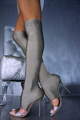 Sexy women elastic fabric bandage long boots open toe hollow out thin heel sandal boots red grey black dropship plus size US10