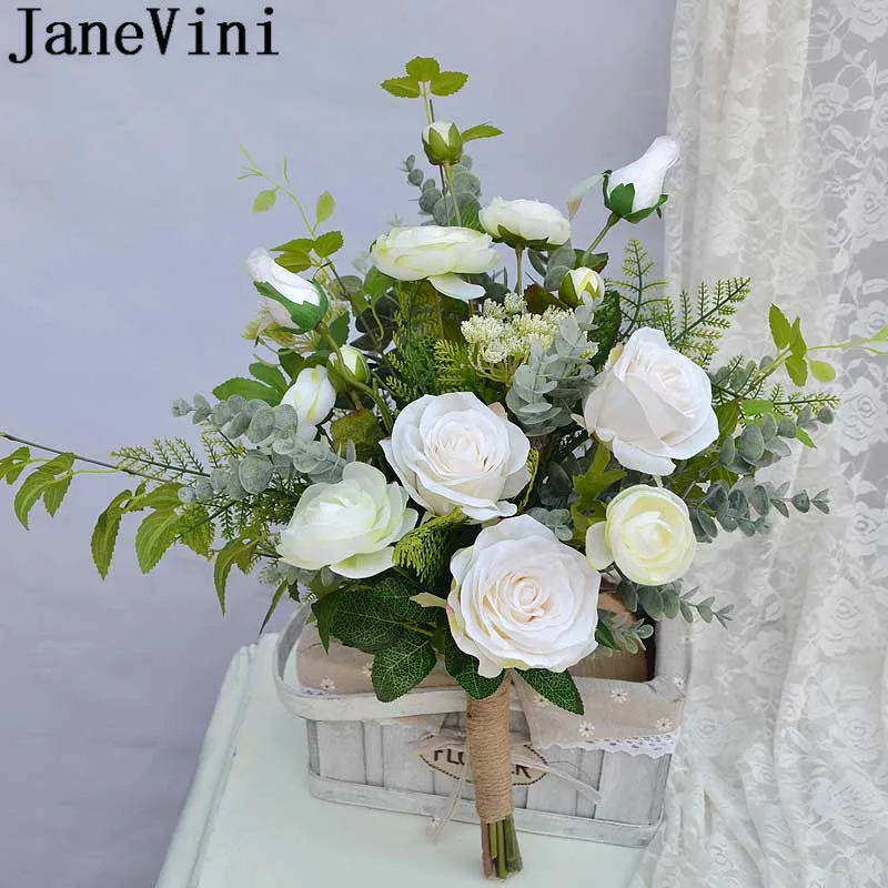 JaneVini Artificial White Flower Wedding Bouquet Bridesmaid Brooch for a Bride Silk Green Leaves Bridal Flowers Bukiet | Свадьбы и