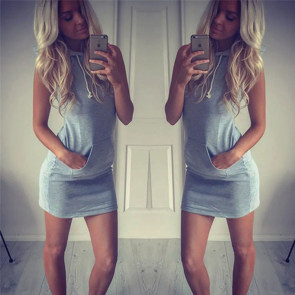 

Women Sleeveless Hoodie Dress Party Evening Summer Short Mini Dress Pocket Dress