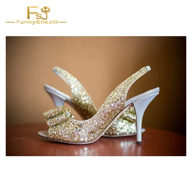 

FSJ Women Shoes Ladies Pumps Champagne Wedding Heels Slingback Glitter Bridesmaid 2108 Spring Autumn Big Size Shoes41 42 43