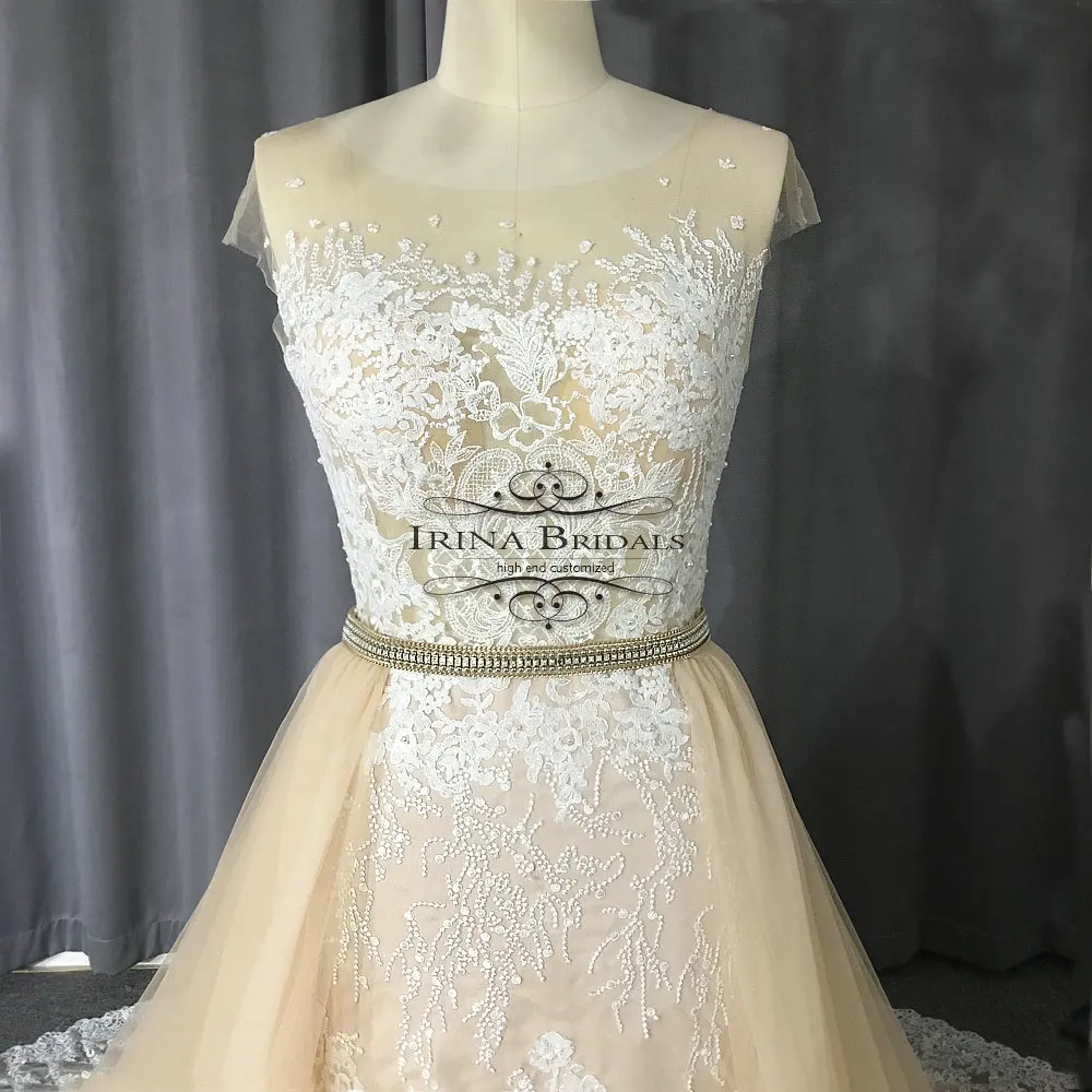 Кружевная аппликация с жемчугом Irina Bridals свадебное платье цвета шампанского со