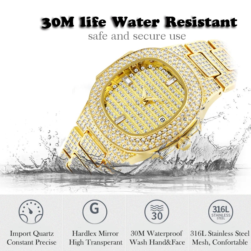 MISSFOX наручные часы для мужчин s люксовый бренд календарь Большие бриллиантовые часы водонепроницаемые мужские модные кварцевые ЧАСЫ Hublo стальные мужские наручные часы