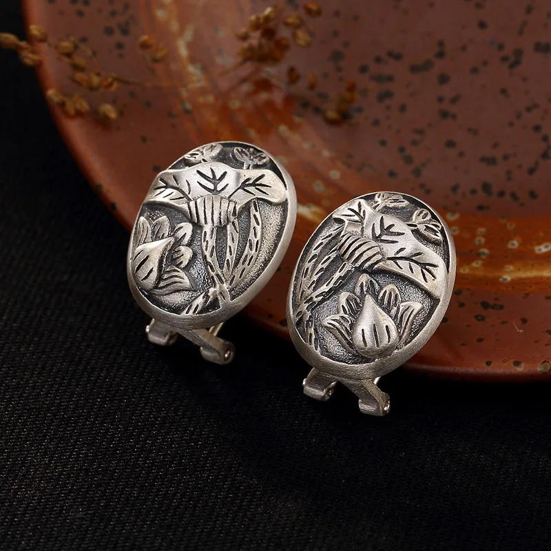 S925 Pure Anemone Lotus Leaf Matt Color Retro Simple High-grade Silver Ear Nails Wholesale | Украшения и аксессуары