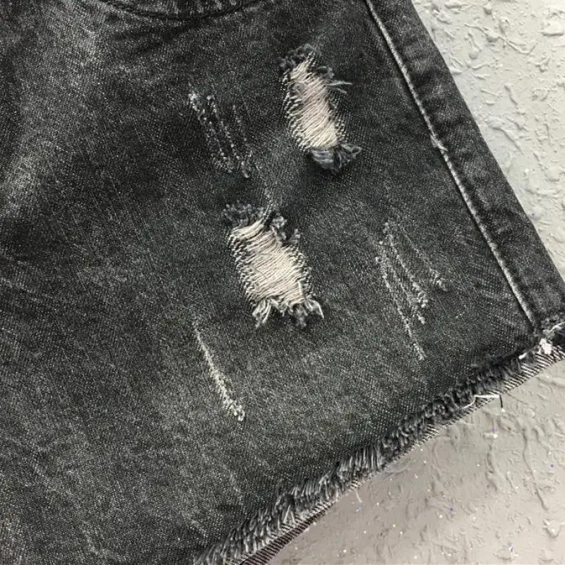 

Summer Casual Women Ripped Hole Low Waisted Black Denim Hot Shorts , Female Woman Slim Washed Bleached Distressed Jeans Shorts