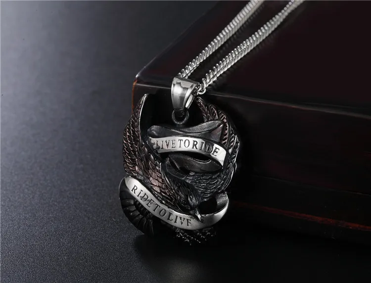 BLITHEYO Titanium Ride to Live Engrave Eagle Necklace Stainless Steel Retro Punk Rock Pendant Hip Hop Motorcycle Jewel | Украшения и