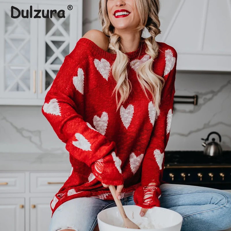 Женский свитер с красным сердцем тонкий трикотажный Повседневный пуловер