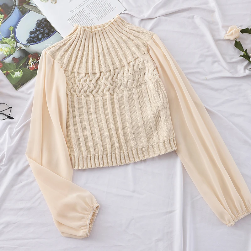 HELIAR Women Casual Lantern Sleeve Splicing Chiffon Spring Blouse Fashion pit knitting Slim Elastic Sweater Offic | Женская одежда