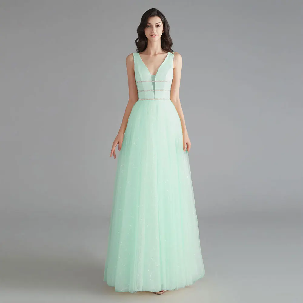 Light Green Милые женские вечерние платья Длинное сценическое платье для церемонии Новогоднее торжественное вечернее платье Блестящее платье с глубоким V-образным вырезом - Цвет: Light Green