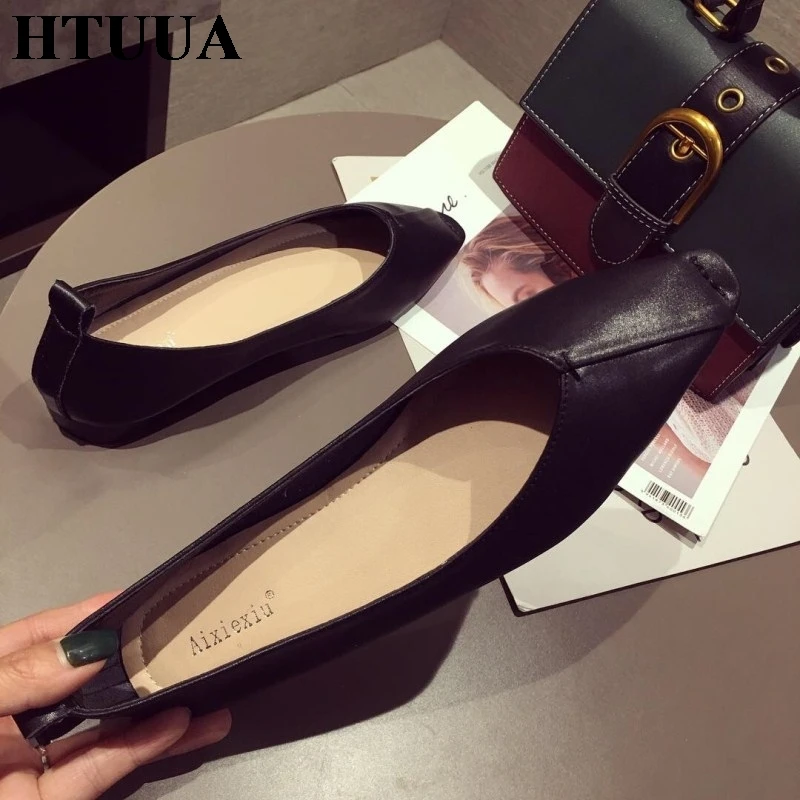 HTUUA/корейские невысокие плоские туфли с квадратным носком женские тонкие