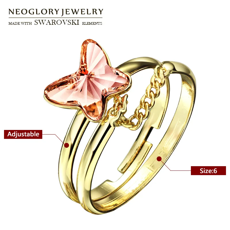 Neoglory Австрия Кристалл Регулируемая и фиксированная цепочка на палец 2 кольца