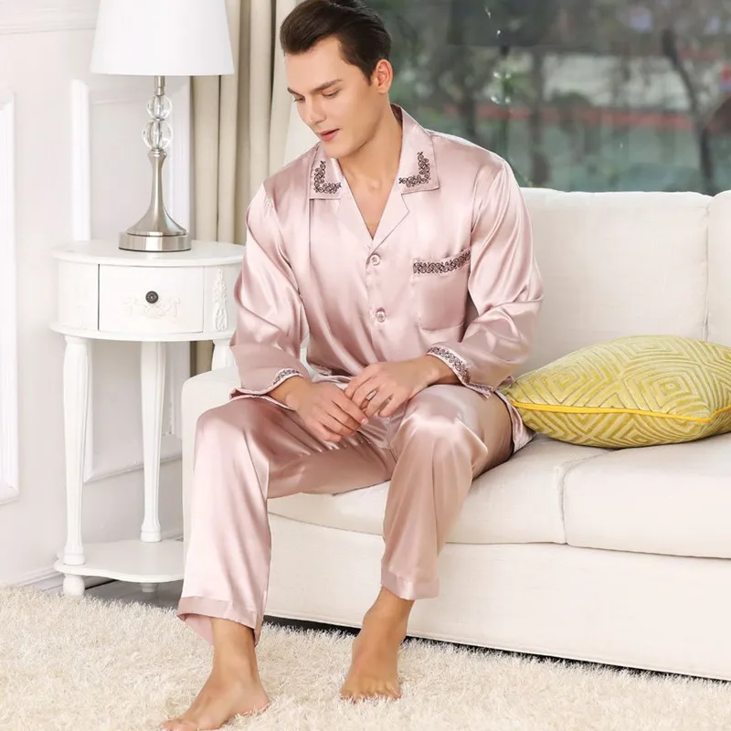 pajama set 9 Мужские пижамы шелковые атласные с длинными рукавами наборы удобное пальто+ брюки с эластичной талией роскошный Пижамный костюм с принтом мужской пижамный комплект - Цвет: pajama set 9