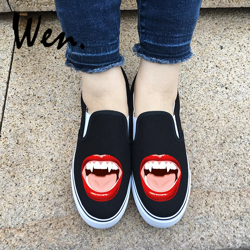 

Wen Design Vampire Red Mouth Tooth Fangs Black White Flats Women Shoes Slip On Canvas Men Sneakers Plimsolls Halloween Gifts