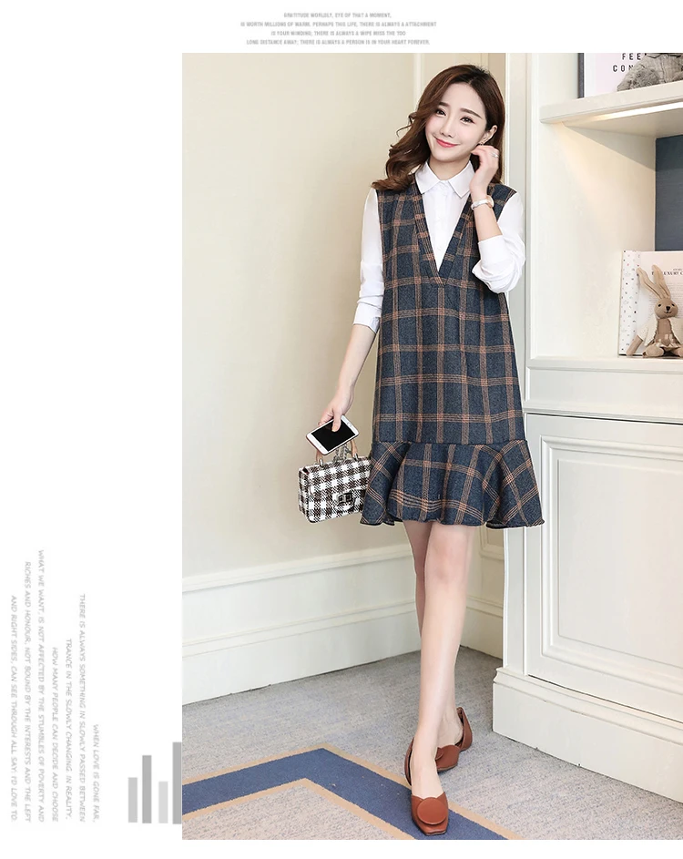 Maternity wear spring plaid stitching shirt collar loose fashion maternity dress women dress Long sleeve Cotton Pregnant Dress