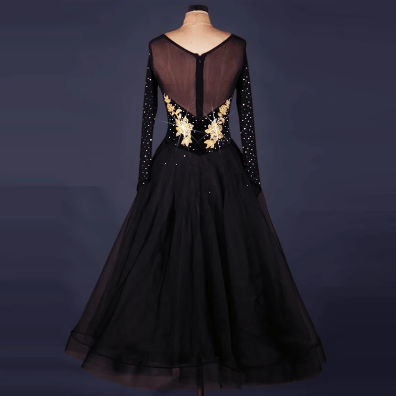 Женское бальное платье со стразами черное для бальных танцев одежда по