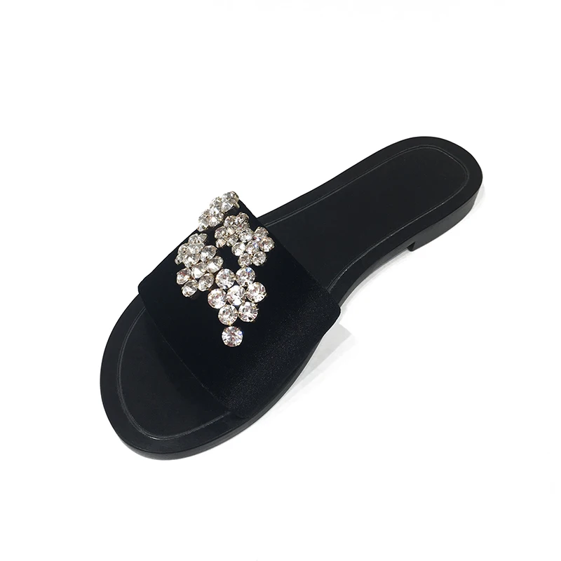 

Hot Summer Shoes Woman Flock Crystal Flowers Slippers Designer Woman Velvet Casual Slippers Woman Flats Outside Slides Shoes