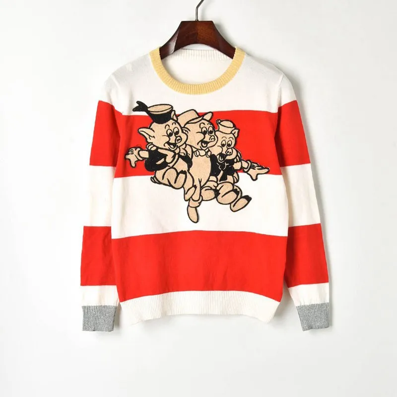 JOYDU Wide Stripes Color Block Cartoon Patchwork Sweater Women Pullover Runway Design Knitted Korean Sweaters 2019 pull femme | Женская