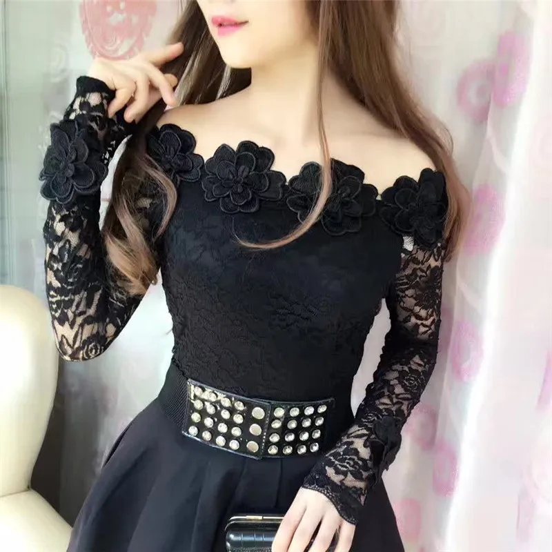 Женская кружевная блузка с открытыми плечами сетчатая цветочным принтом