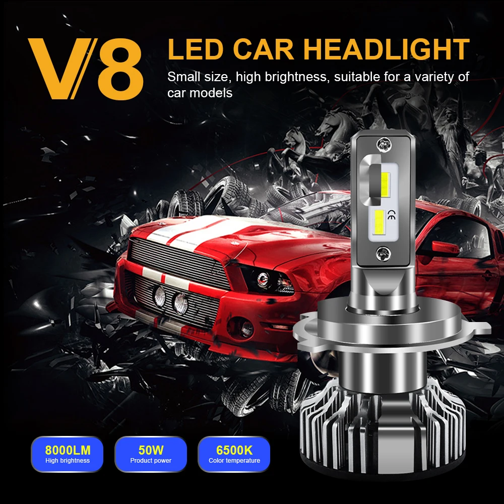 Автомобильные фары EURS V8 H4 Hi/Lo Beam LED H7 H1 H8 H9 H11 H13 9005 9006 9007 9004 50 Вт 16000lm 6500 к