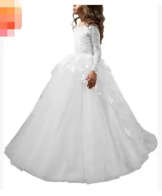 Белый Платье с цветочным узором для девочек Vestidos De Primera Comunion; Бальные платья для девочек; розовое кружевное платье с цветочным рисунком и длинными рукавами; - Цвет: Белый
