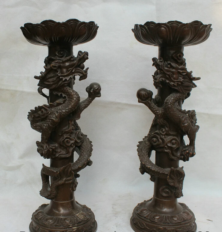 

song voge gem S1827 15" Chinese Dynasty palace Bronze lotus dragon Candle Holder Candlestick Pair