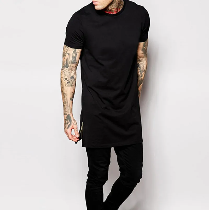 Мужская длинная футболка черная Повседневная с коротким рукавом и молнией в