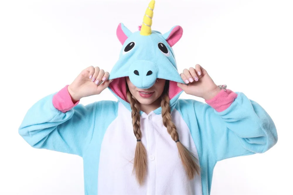 Синий Розовый Единорог пижамы Комбинезоны Kawaii Аниме Толстовка Косплэй взрослых
