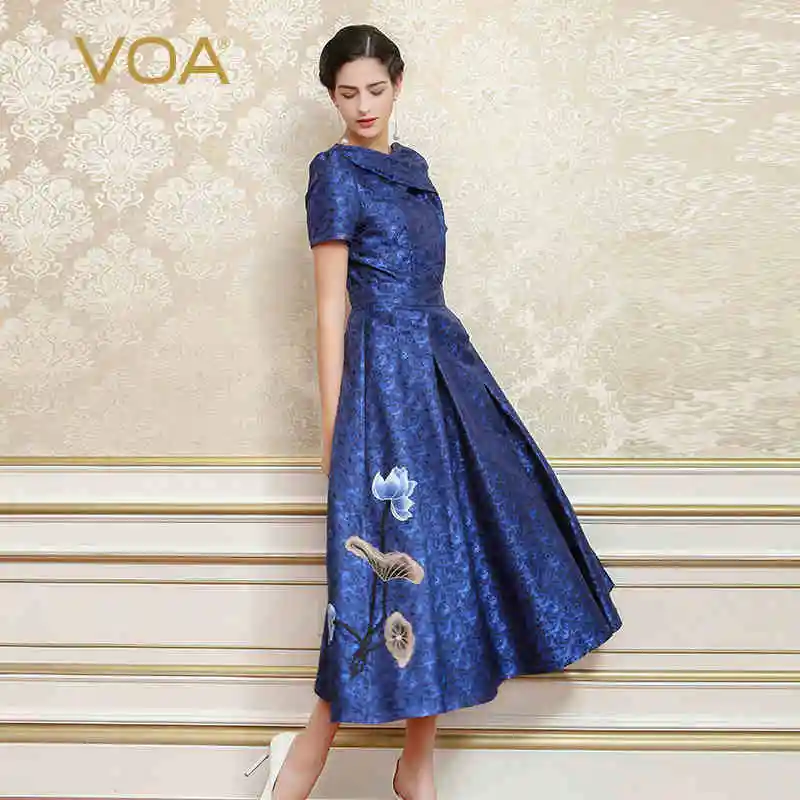 VOA летние темно-синего цвета элегантное Винтаж шелковые жаккардовые вечерние