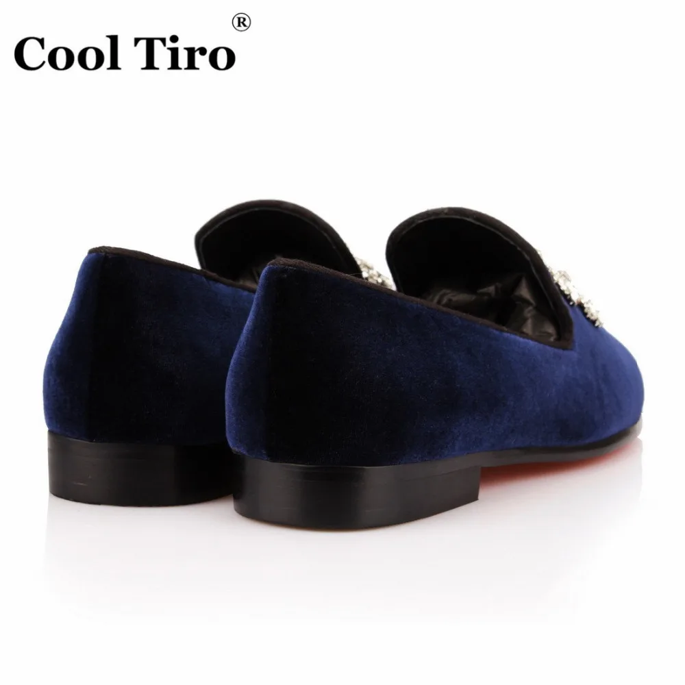 COOL TIRO/Новинка синие бархатные мужские лоферы со стразами и цветком для вечеринки