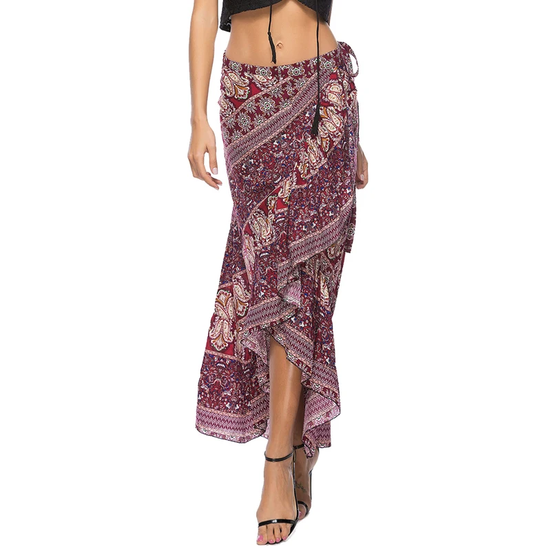 WLLW Women Long Skirt Wrap Lace Up Bohemian skirt Paisley Print Split Front Splice Beach | Женская одежда