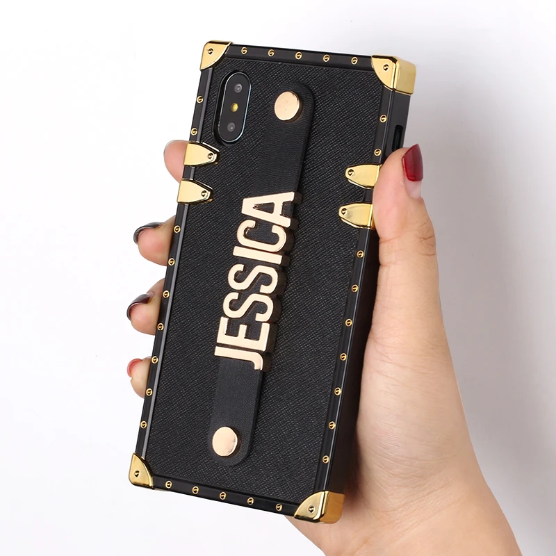 For iPhone 11 Pro 6S XS Max XR 7 7Plus 8 8Plus X Custom Leather Trunk Case Holding Strap Gold Metal Personalized Name Phone Case