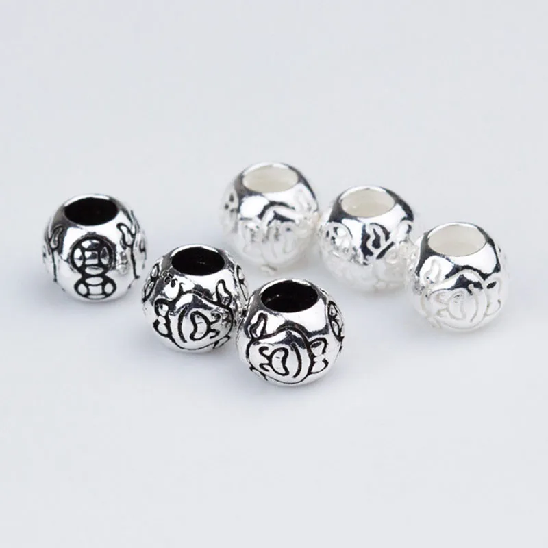 

100% 925 Sterling Silver Cute Pig Pattern Round Spacer Beads Big Hole Charm Silver Beads DIY Bracelets Jewelry Making Findings