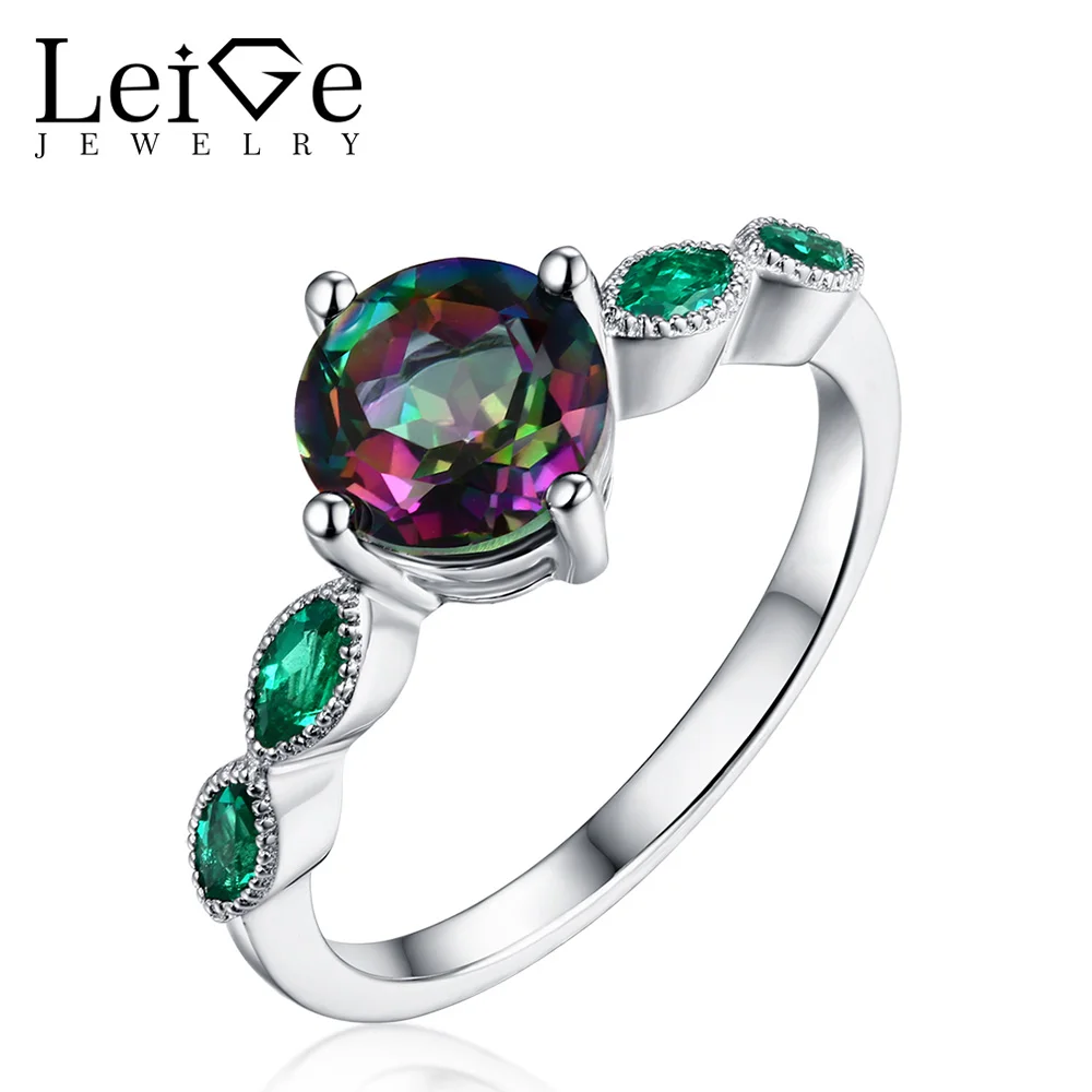 

Leige Jewelry Round Cut Rainbow Gemstone Rings Mystic Topaz Ring with Emerald Side Stone 925 Silver for Women Anniversary Gift