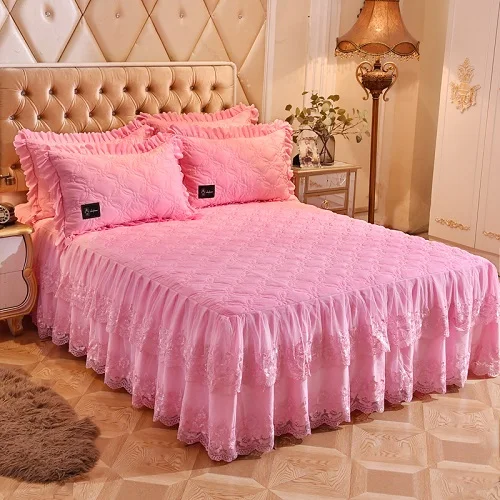 bedding set 4 Комплект постельного белья из 3/5 предметов с кружевной флисовой стеганой юбкой 160X200 см, Ультра мягкий теплый комплект постельного белья красного и синего цвета, Комплект постельного белья, комплект покрывала, набор подушек - Цвет: bedding set 4