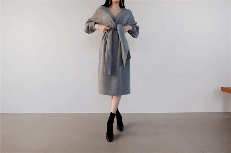 RUGOD, женское платье, зимнее, теплое, вязаное, одноцветное, длиной до колена, элегантное, v-образный вырез, на шнуровке, платья для женщин, корейский свитер, Платья Vestidos