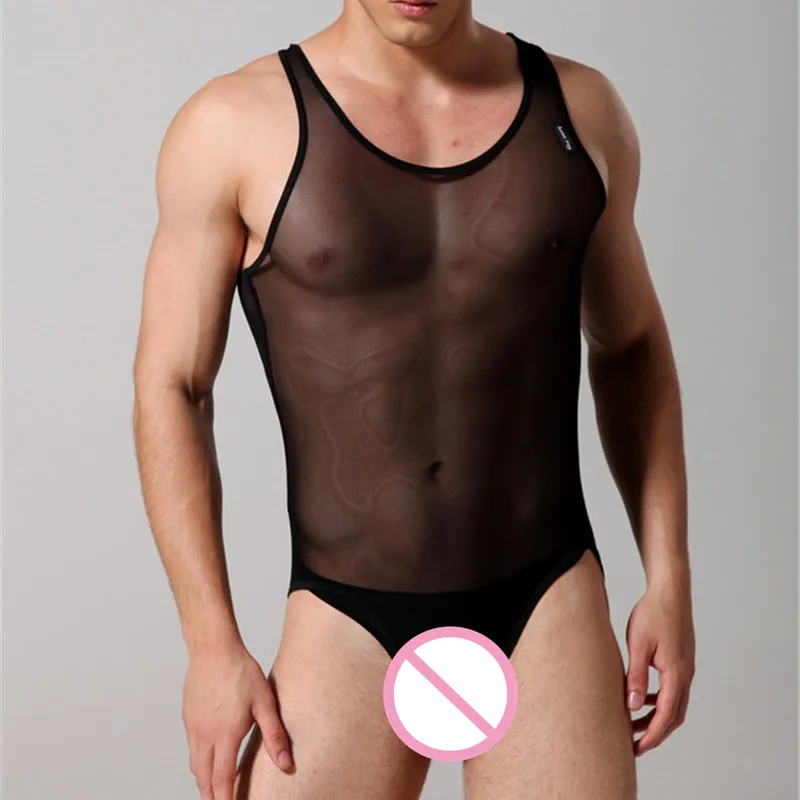 Sexy Undershirts Lingerie Men's Bodysuit Transparent Mesh Bodysuit Ultra-thin Sexy Sleeveless Slim Pajamas Men Undershirts