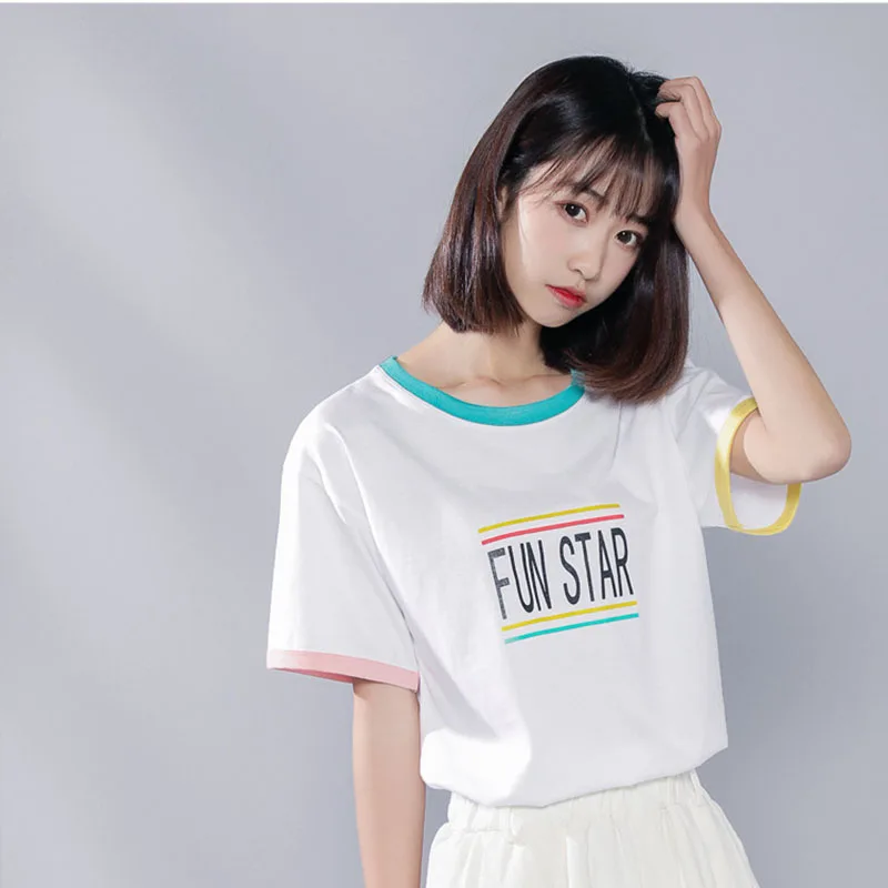 Женская футболка в Корейском стиле Ulzzang летняя Харадзюку Kawaii одежда для школьниц