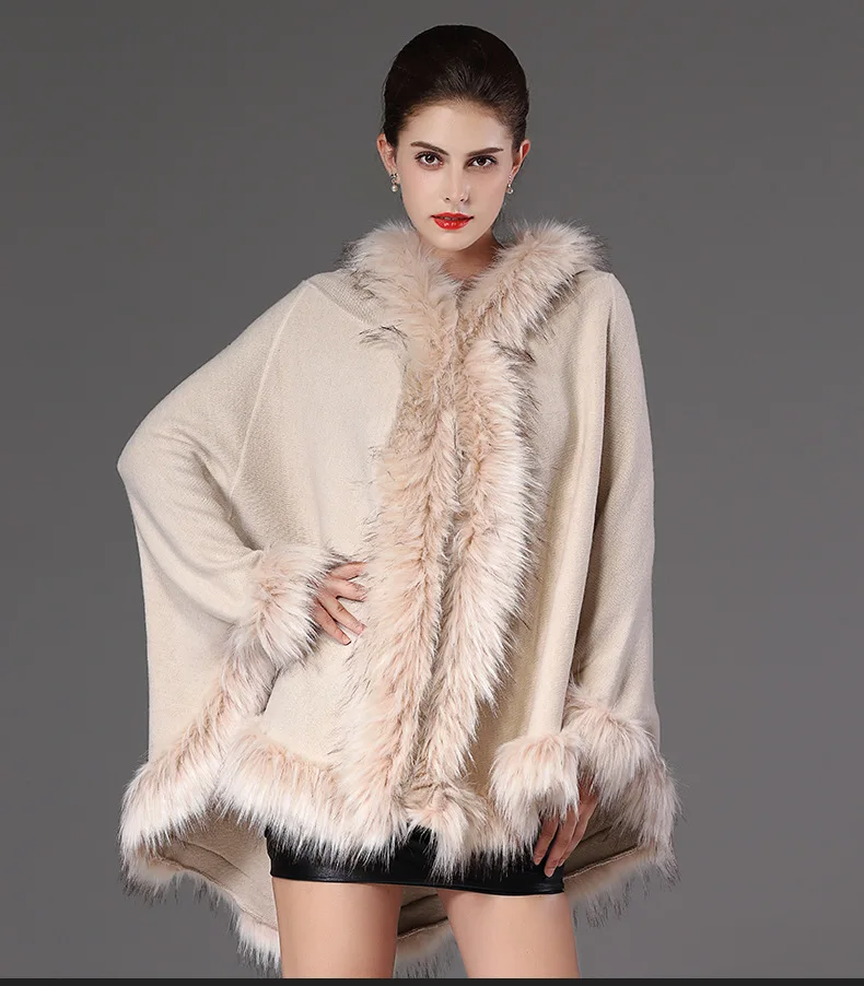 

Vogue Brand Designer Women Fur Cape Shawl Coat with Cap Shawl Scarf Raccoon Fur Poncho Cloak Parka hooded Winter Collection
