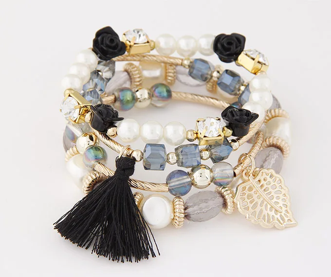 LEMOER многослойный жемчужный розовый цветочные бусины-кристаллы браслет кисточкой Листья Шарм Браслеты& Браслеты Ювелирные изделия для женщин