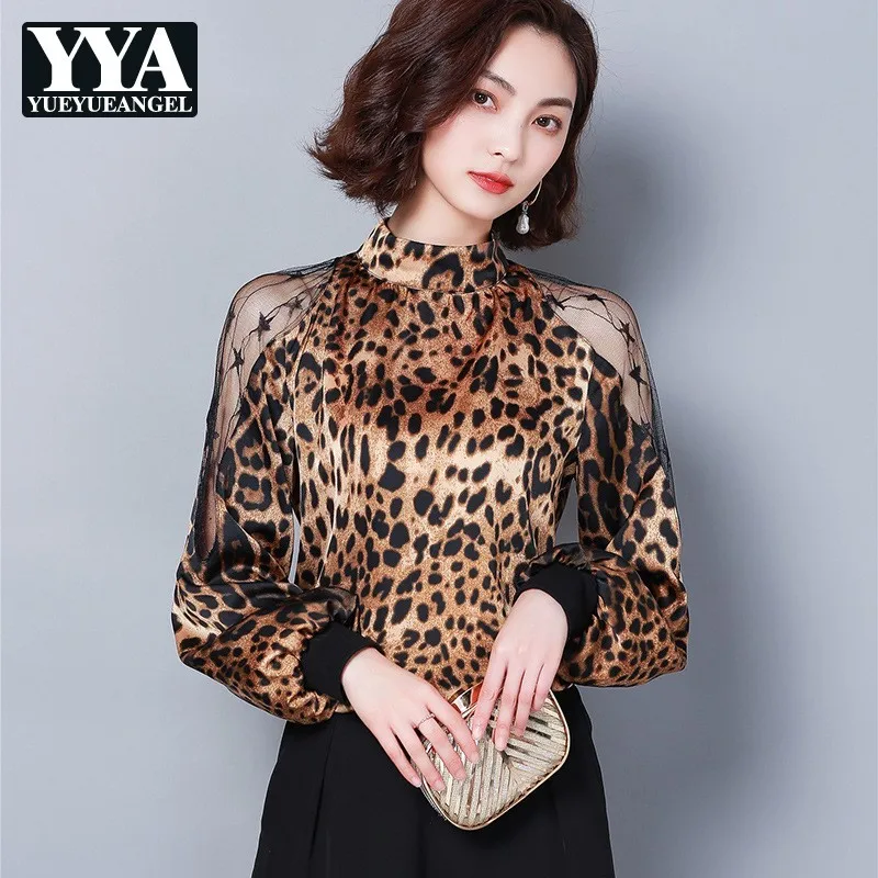 Женская кружевная блузка с длинным рукавом леопардовым принтом | одежда