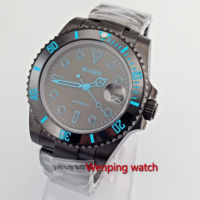 40mm BLIGER NEW PVD black Ceramic Bezel with red blue orange sapphire glass dial automatic Date MEN WRIST WATCHES W2728 | Наручные часы