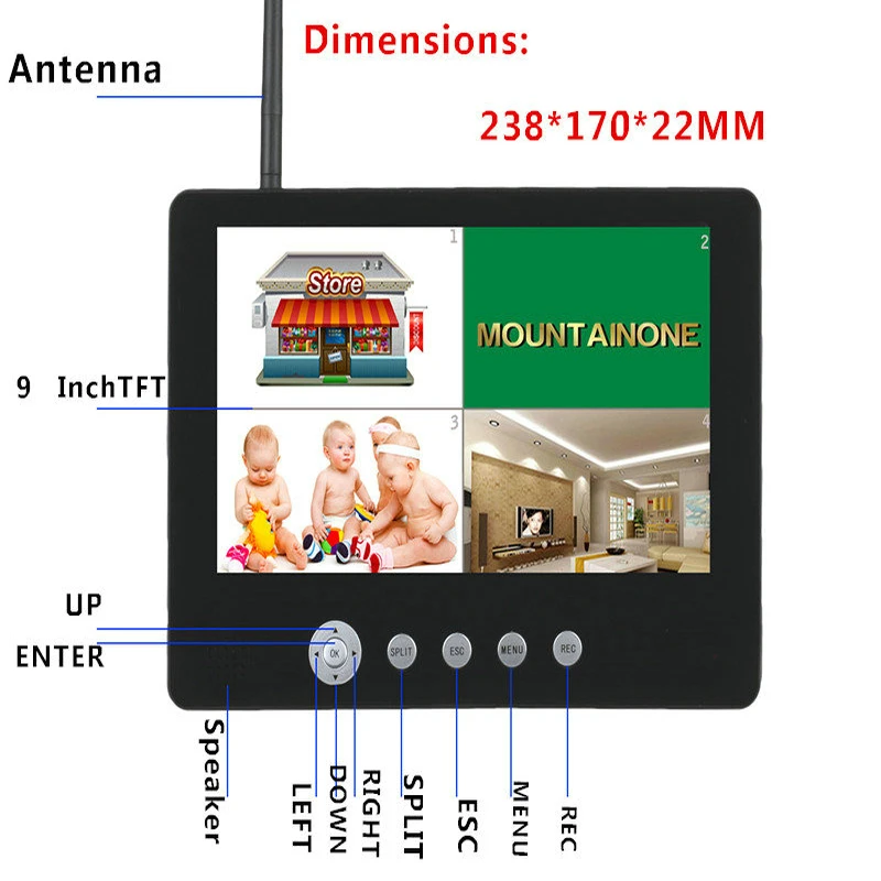 Беспроводная 4 канальная Quad DVR система безопасности с монитором 9 дюймов TFT LCD 2 ГГц